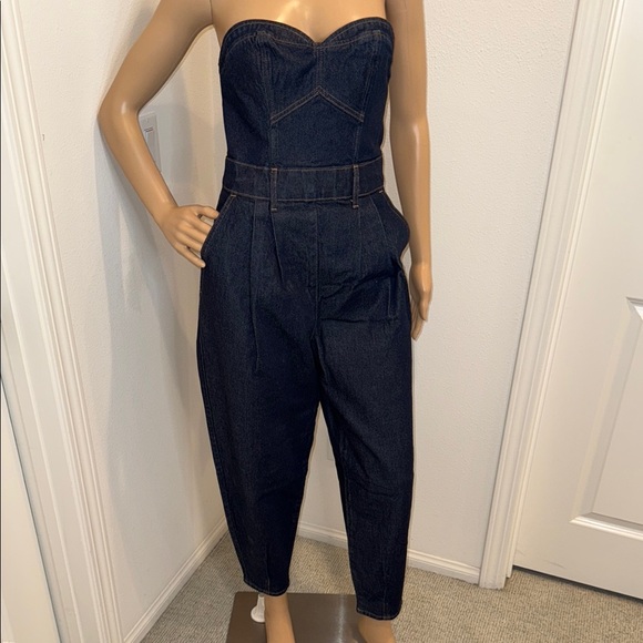 Chic Dark Denim Strapless Jumpsuit - Picture 1 of 7